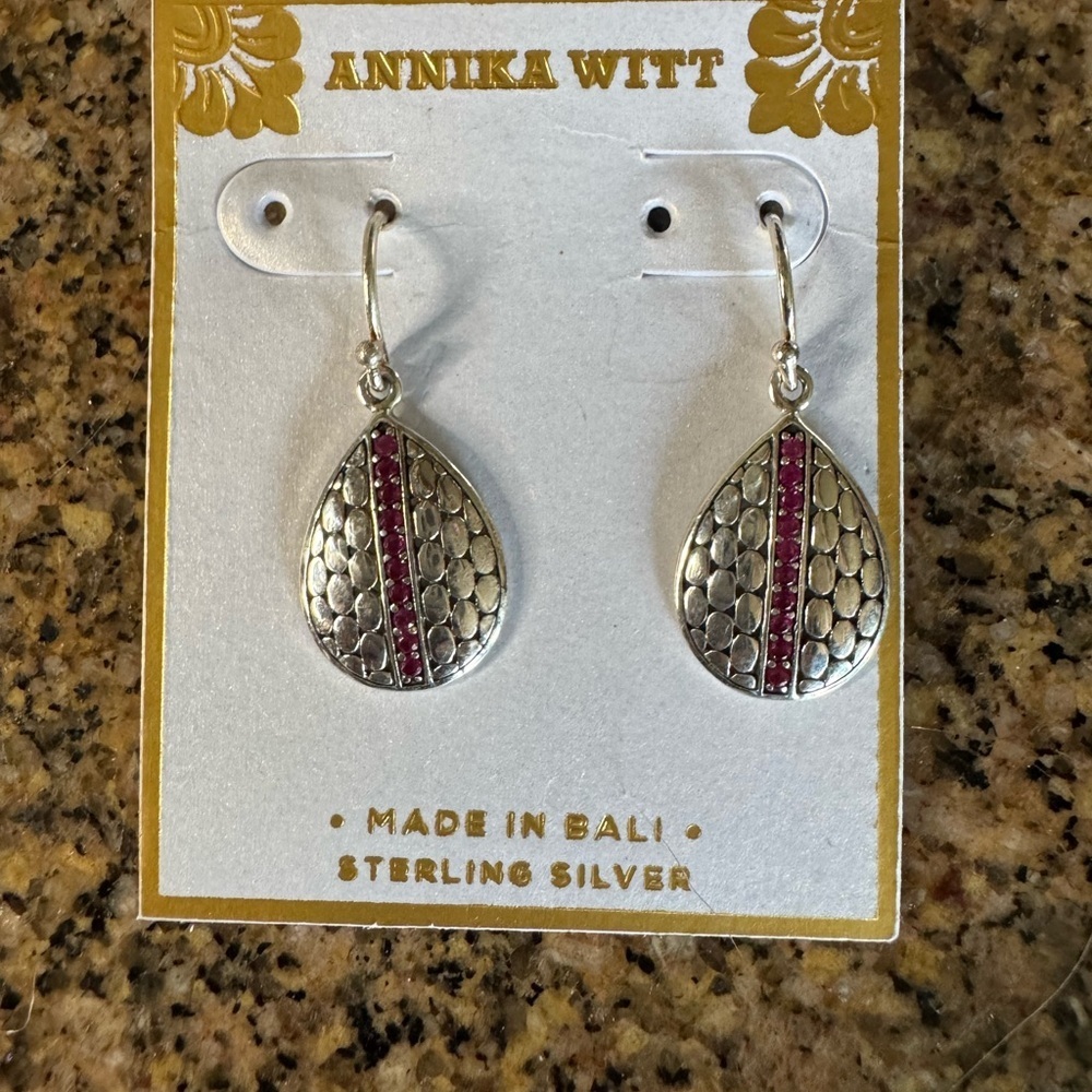 Annika Witt Marked Sterling Silver and Red Crystal Teardrop Earrings